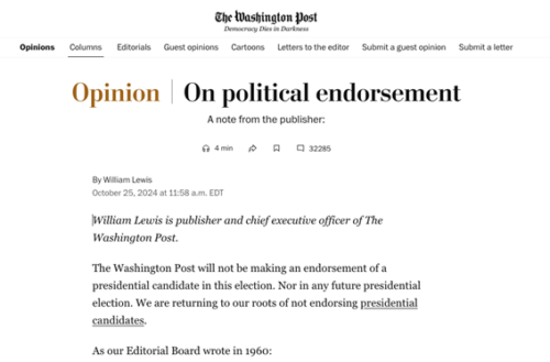  Washington PostのWilliam Lewis発行人兼CEOによる大統領選候補者の支持表明見送り宣言